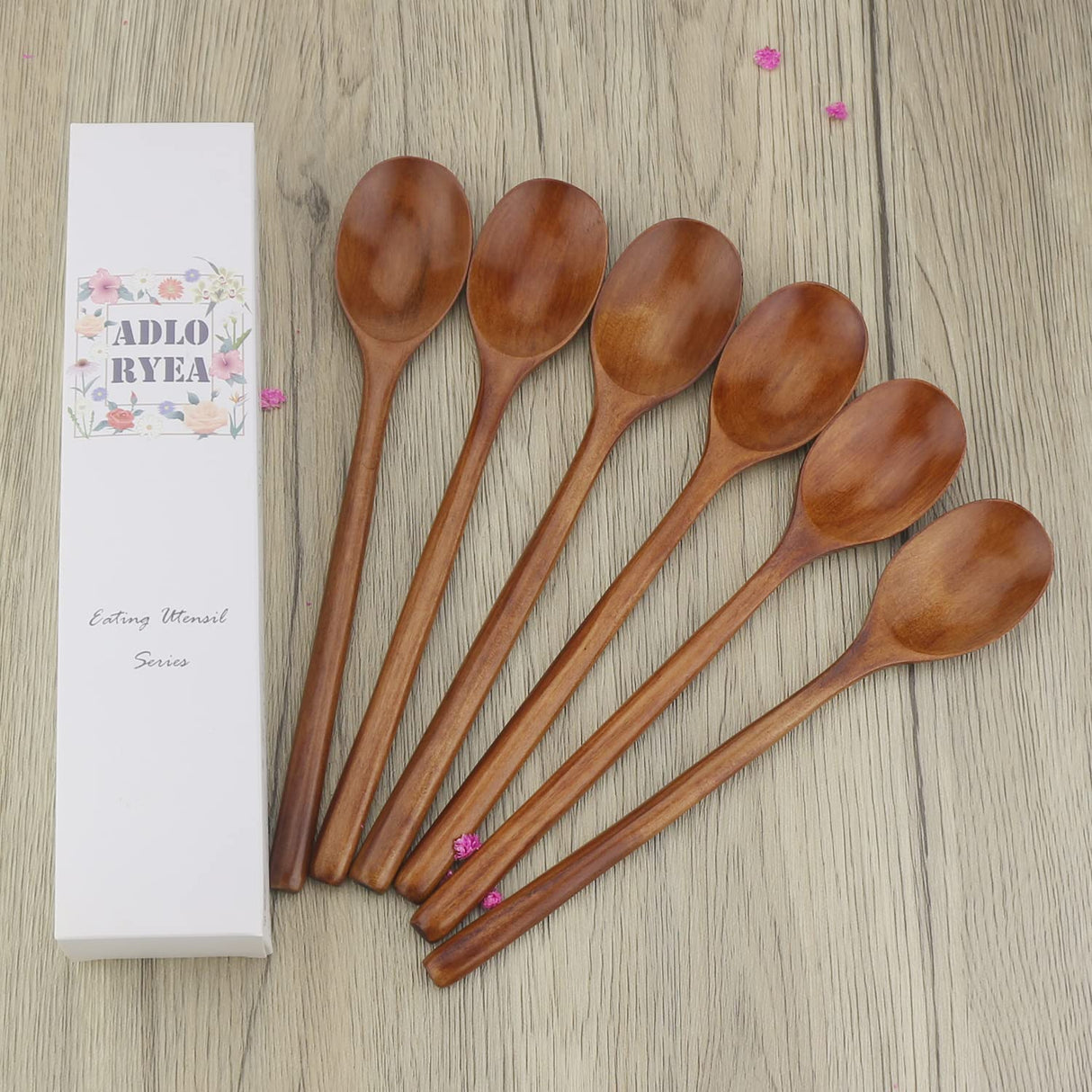 Wooden Spoons, 6 Pieces 9 Inch Wood Soup Spoons for Eating Mixing Stirring, Long Handle Spoon with Japanese Style Kitchen Utensil, ADLORYEA Eco Friendly Table Spoon ADLORYEA