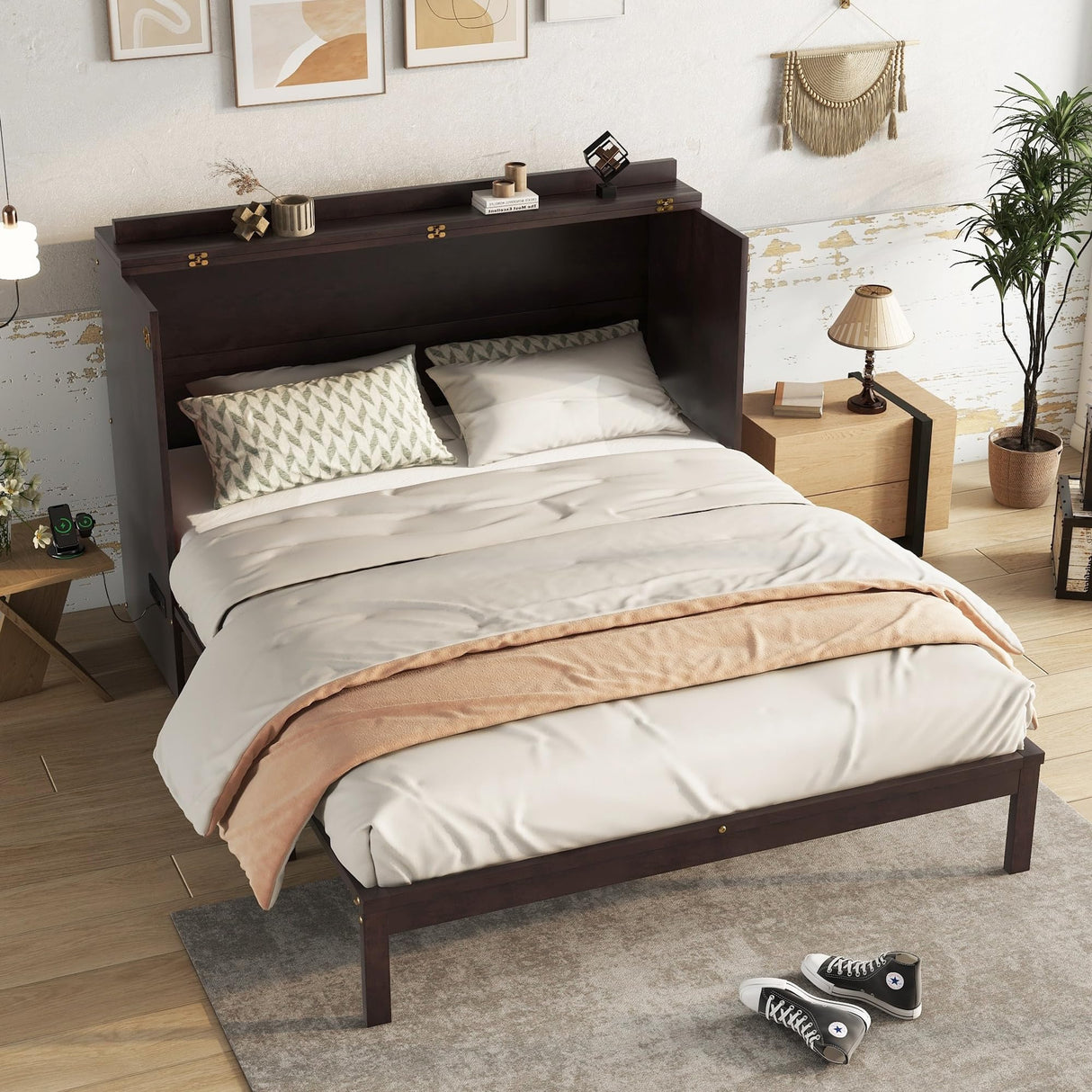 DNChuan Queen Size Murphy Cabinet Bed with Storage Drawer and Charging Station, Foldable Dresser Platform Bed with Oval Rattan Decoration Panel, Space Saving, Espresso DNChuan