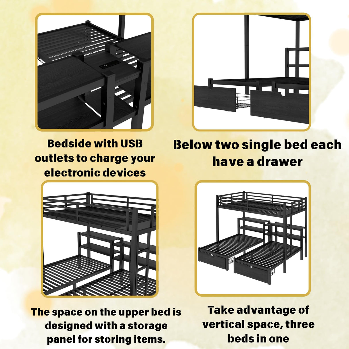 RuiSiSi Metal Triple Bunk Bed with Storage Drawers, Full XL Over Twin & Twin Bunk Beds, Multi-Functional Bunk Bed with Shelving & USB, Black RuiSiSi