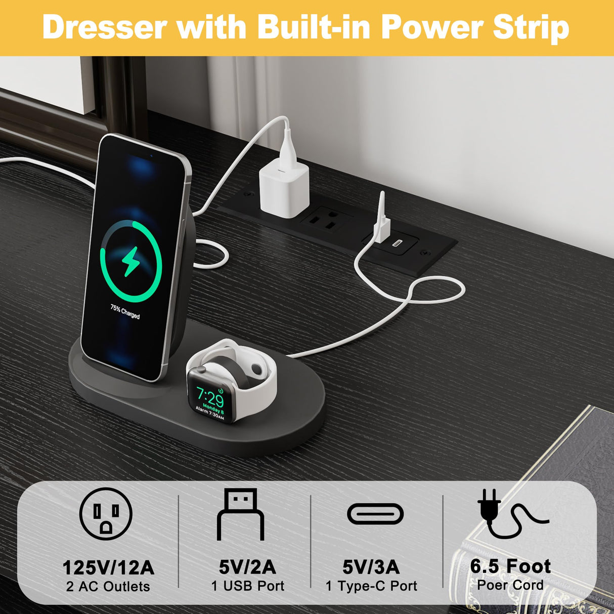 Hlivelood Farmhouse 12 Drawer Dresser with LED Lights, 71" Wide Large Chest of Drawers for Bedroom, Modern Wood Dresser Storage Organizer with Charging Station for Living Room, Bedroom, Hallway, Black Hlivelood