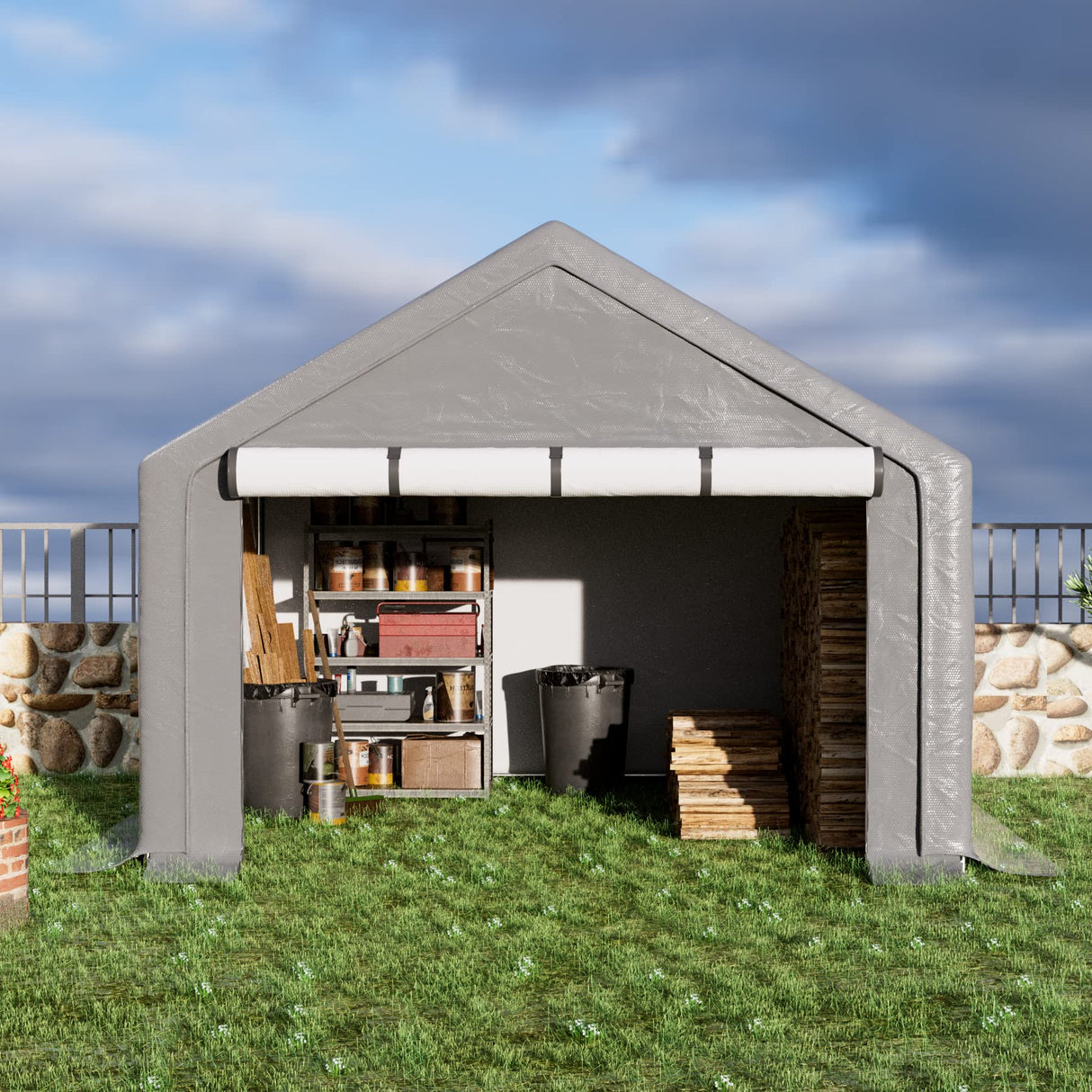 WTRAVEL 10x10 ft Outdoor Storage Shelter with Zipper Door, Portable Garages Shelters, Waterproof and UV Resistant Carport Shed for Bicycle, Motorcycle ATV, Lawn Mowers (10x10 FT) WTRAVEL