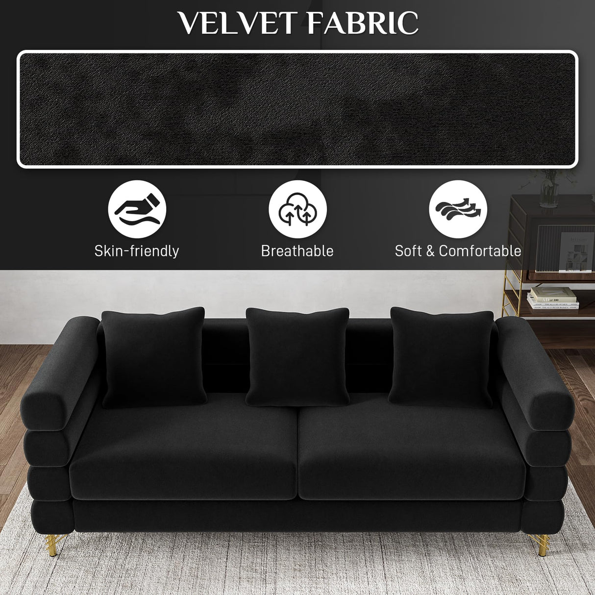 OUYESSIR Cloud Sofa Couch for Living Room, 79" Comfy Deep Seat Velvet Sofa with 3 Pillows and Gold Legs, Modern Upholstered 3 Seater Large Loveseat for Bedroom Office, Dark Black Velvet OUYESSIR