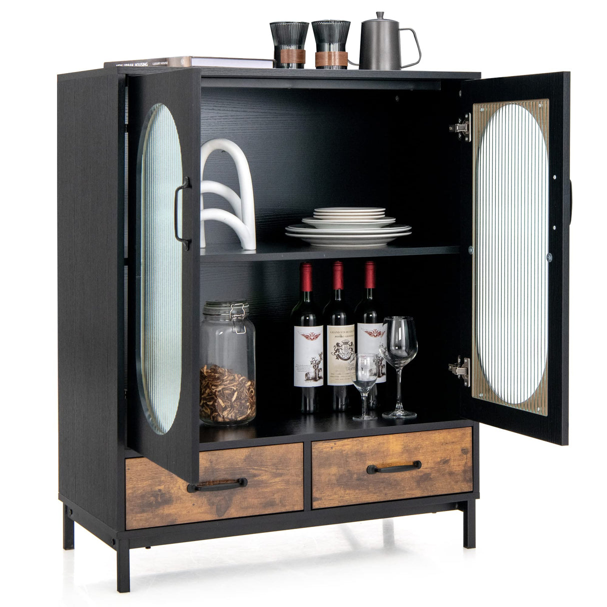 LOKO Buffet Cabinet with Storage, Kitchen Sideboard Cabinet with Tempered Glass Doors and Drawers, Industrial Style Cupboard Credenza Storage Cabinet, 31.5 x 16 x 39.5 inches LOKO