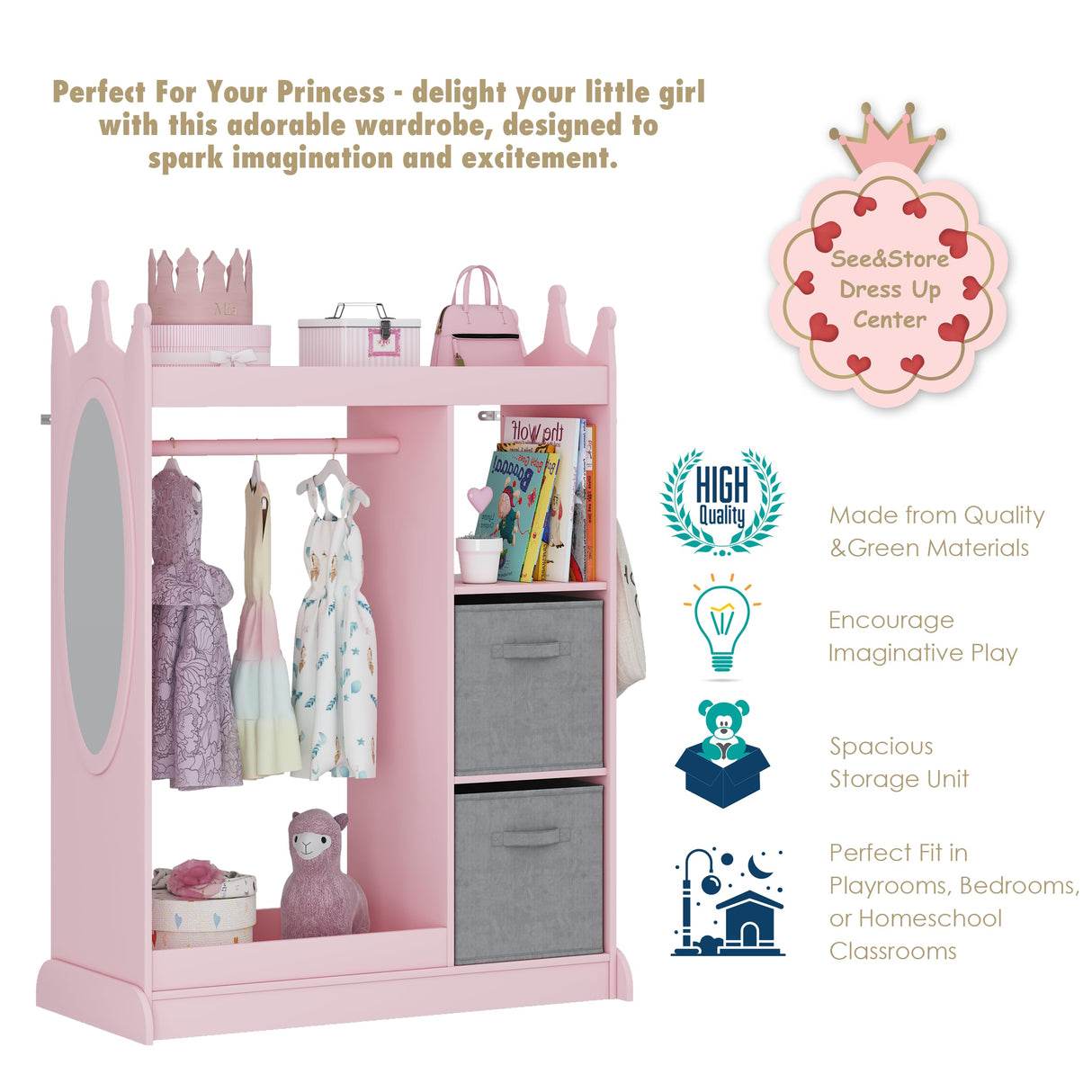 UTEX Kids Armoire Wardrobe Closet with Mirror and Storage Bin, Pink, 33.4 in W x 15.75 in D x 44.5 in H UTEX