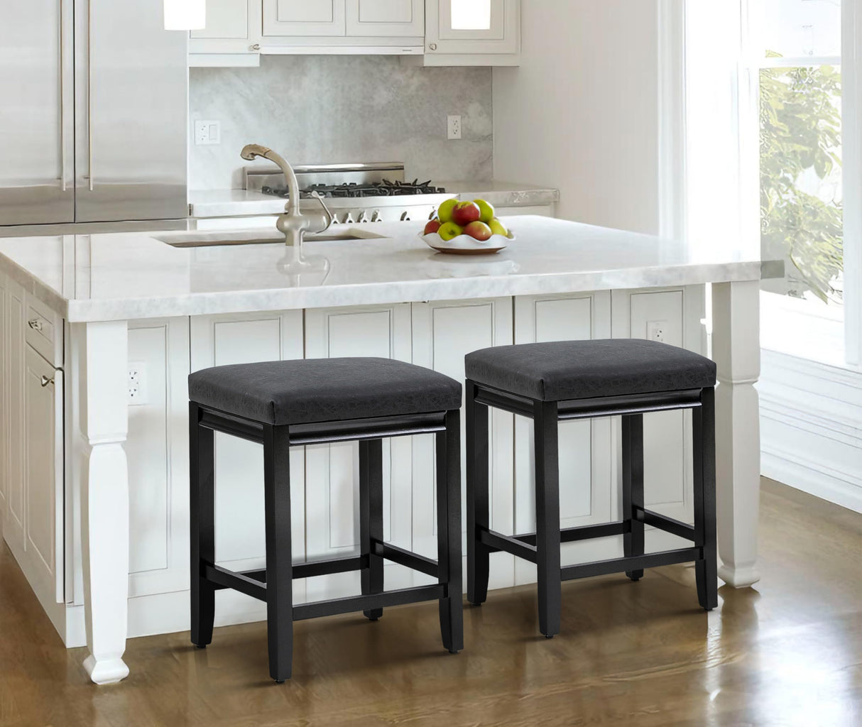 RNKSFX Counter Height Black Bar Stools Set of 3 for Kitchen Counter Farmhouse Modern Barstools with Faux Leather Upholstered Backless Seat and Solid Wood Legs 24 inch Bar Chairs RNKSFX