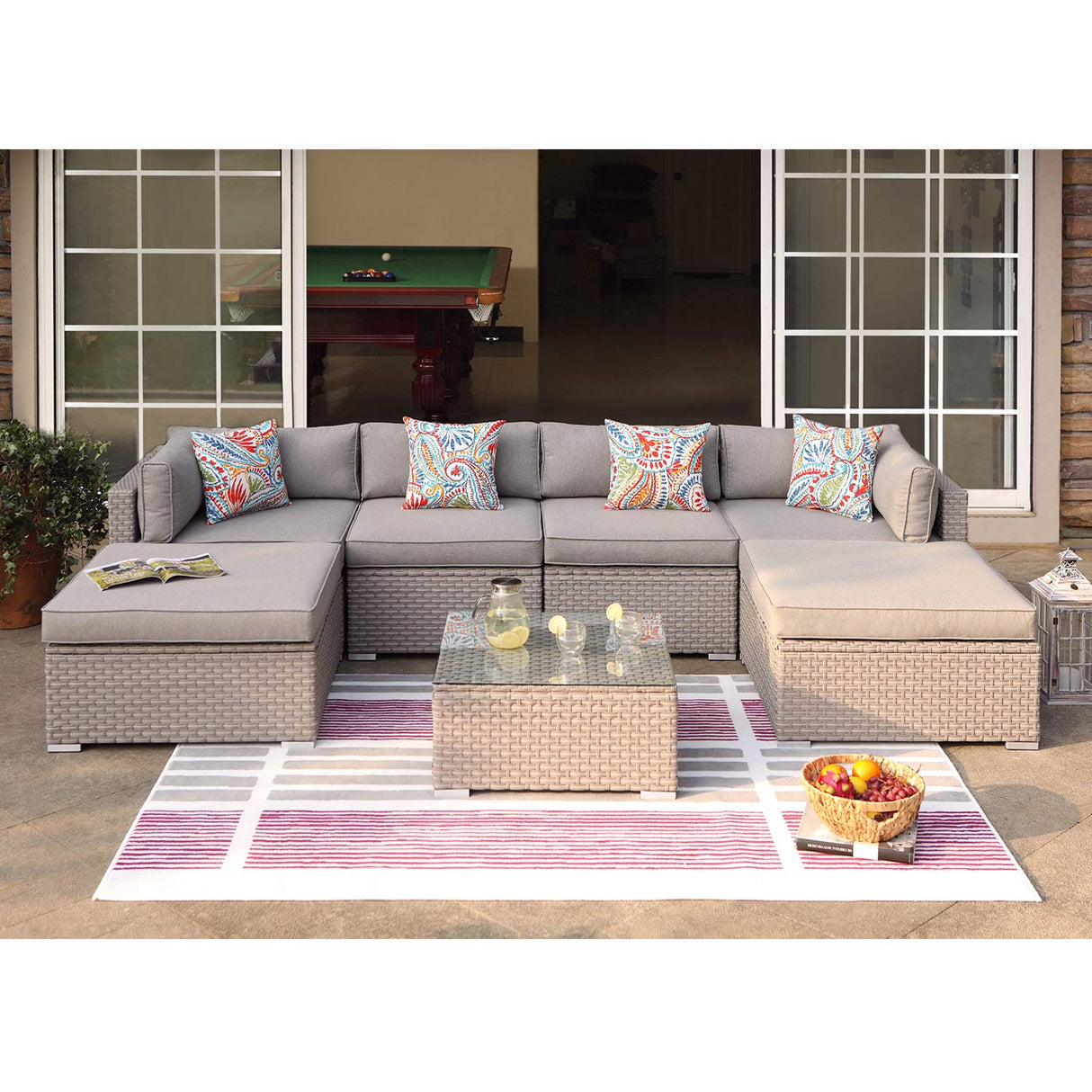 COSIEST 7-Piece Outdoor Furniture Warm Gray Wicker Family Sectional Sofa w Thick Cushions, Glass Top Coffee Table, 2 Ottomans, 4 Floral Fantasy Pillows for Garden, Pool, Backyard COSIEST
