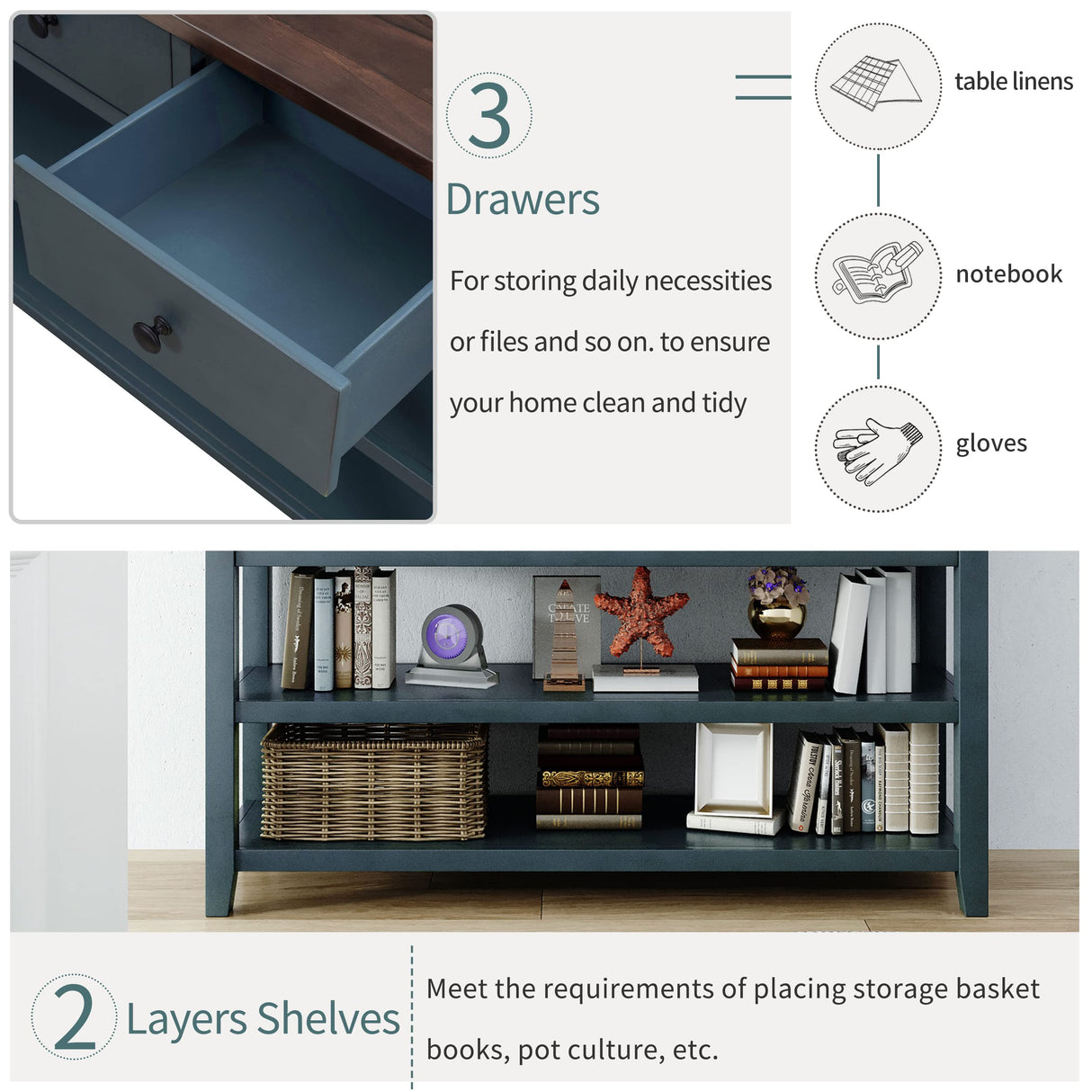Knocbel Entryway Console Table with 3 Drawers and Open Shelves, Entry Hallway Foyer Sofa Long Table, 220lbs Weight Capacity, 50" L x 16" W x 30" H (Navy) Knocbel