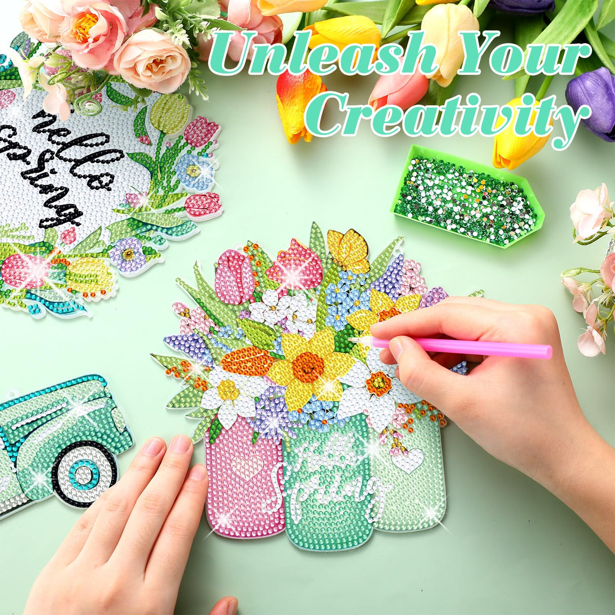 Menkxi 3 Pcs Spring Flowers Diamond Painting Kit DIY Spring Diamond Painting Hanging Sign Crystal Rhinestone Door Sign Wall Hanging Crafts for Beginners Gift Home Wall Window Decor Menkxi