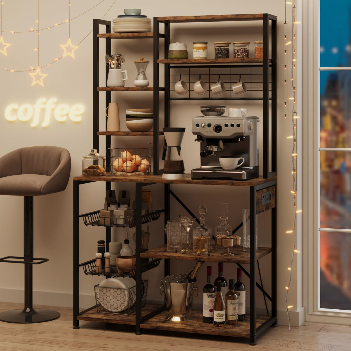 GarveeHome Bakers Rack with Power Outlets, 7-Tier Microwave Stand with 2 Wire Basket, 35.4 Inch Industrial Coffee Bar Station, Kitchen Large Bakers Rack with Storage for Pots, Dishes, Retro Brown GarveeHome