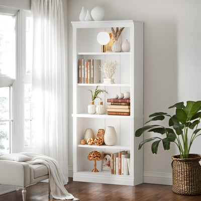 Furniwell 72" White 5-Shelf Tall Bookcase with Modern Design and Large Storage Capacity