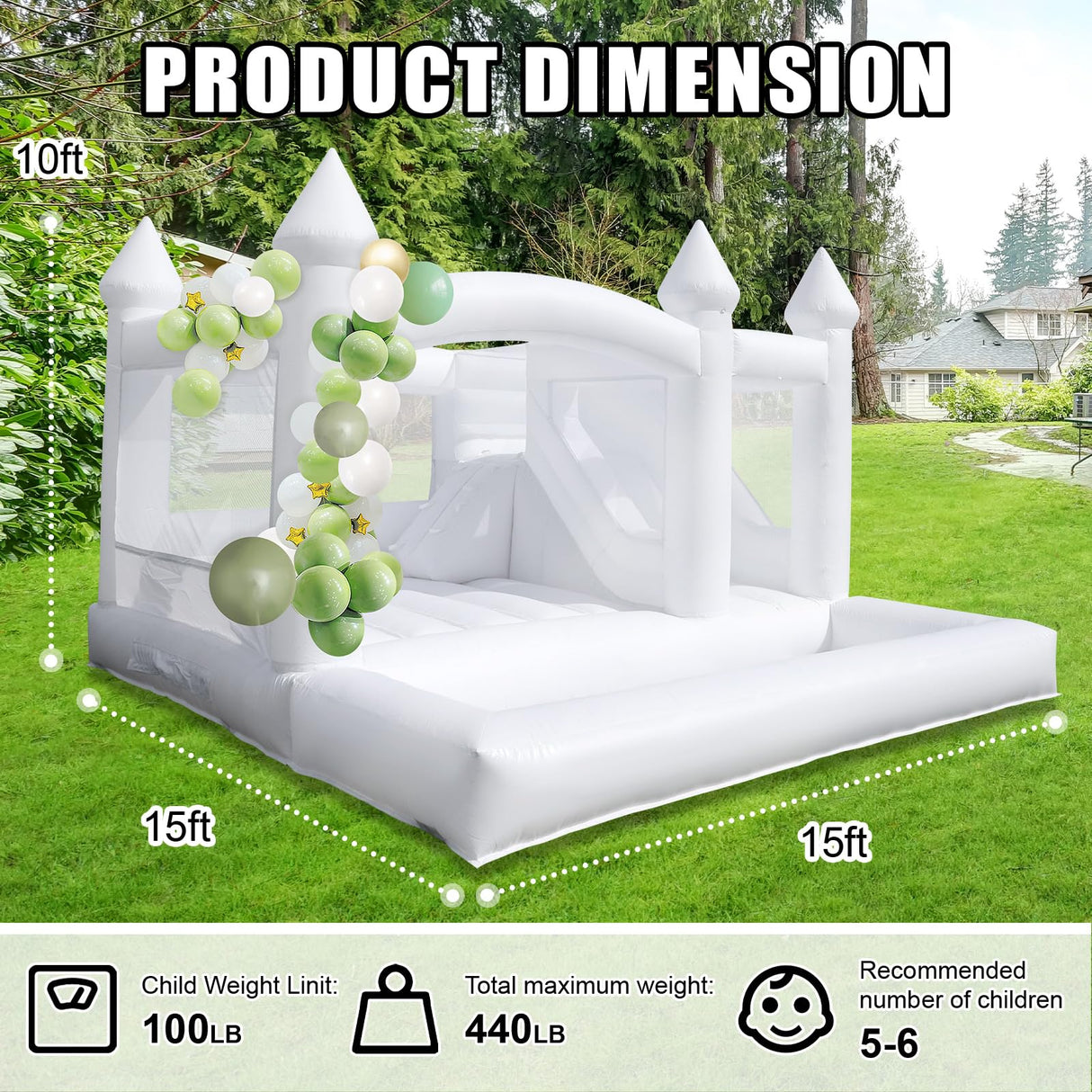 15FT White Bounce House with Slide Ball Pit for Adults Big Kids,100% PVC Commercial Bounce House with 1100W Blower,Large Inflatable Bounce House for Birthday Party Wedding 15ft x 15ft x 10ft awesmflate