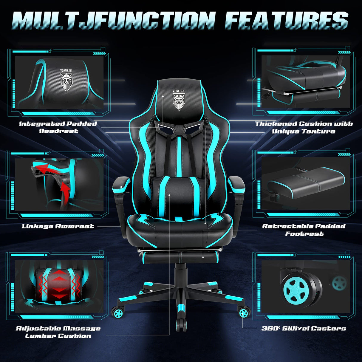Vonesse Gaming Chair for Adults Gaming Chairs with Footrest Reclining Computer Gaming Chair for Heavy People Gamer Chair Big and Tall Ergonomic Game Chair Racing Chair with Lumbar Pillow(Teal/Cyan) Vonesse