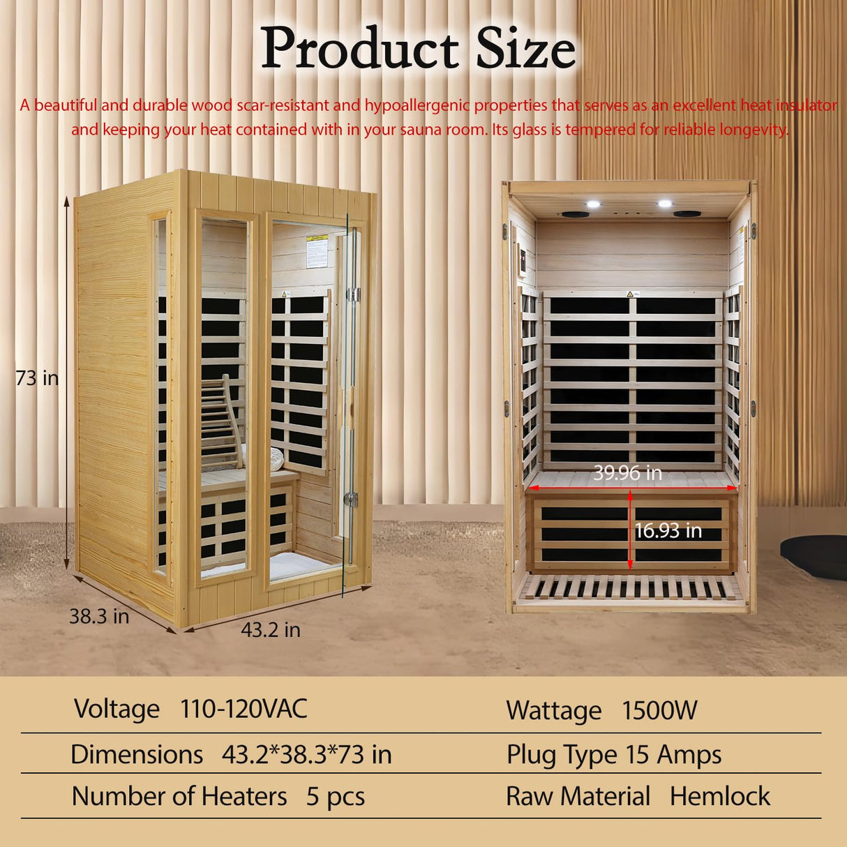 LTCCDSS Sauna, Far Infrared Saunas for Home, Wood Sauna 2 Person 1500W/120V Low Emf Indoor Sauna Room with Tempered Glass Door/Bluetooth Speakers/2 LED Lights - 43.2 * 38.3 * 73 inch LTCCDSS