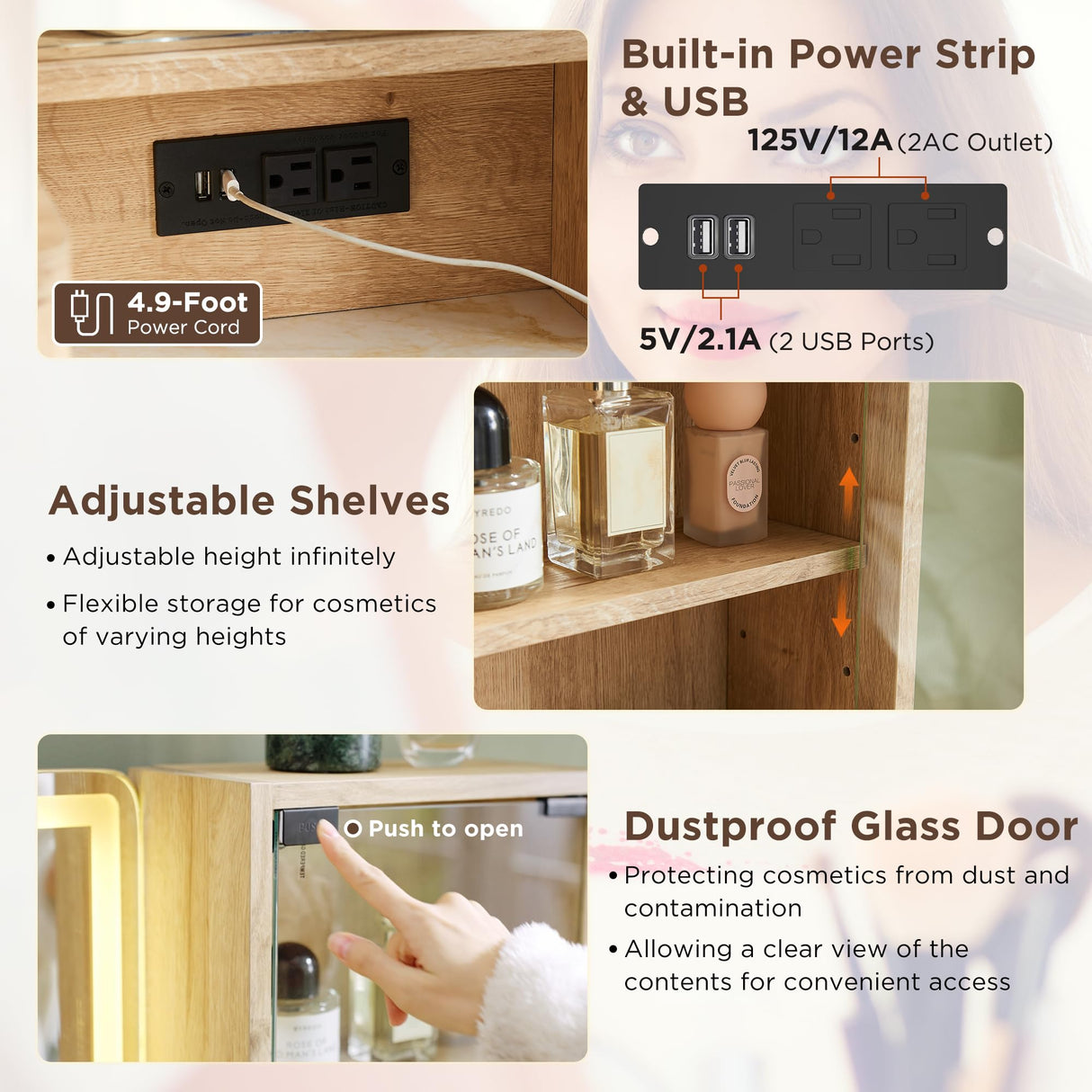 T4TREAM 48" Fluted Makeup Vanity Desk with Large 36" Mirror and Lights, Modern Glass Top Big Vanity Table with 5 Drawers & Adjustable Shelves, Dressing Table Set w/Charging Station for Bedroom, Oak T4TREAM