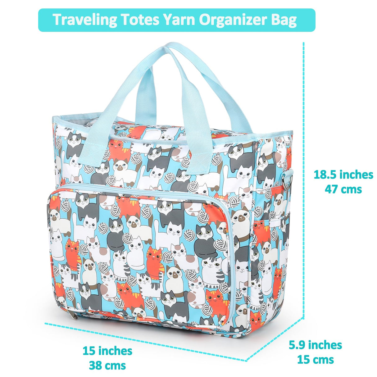 Aeelike Yarn Storage Organizer Travel Crochet Bag, Large Capacity Tote Bag Knitting Bag for Carrying Projects, Knitting Needles, Crochet Hooks and Yarn, Cute Blue Cat Aeelike