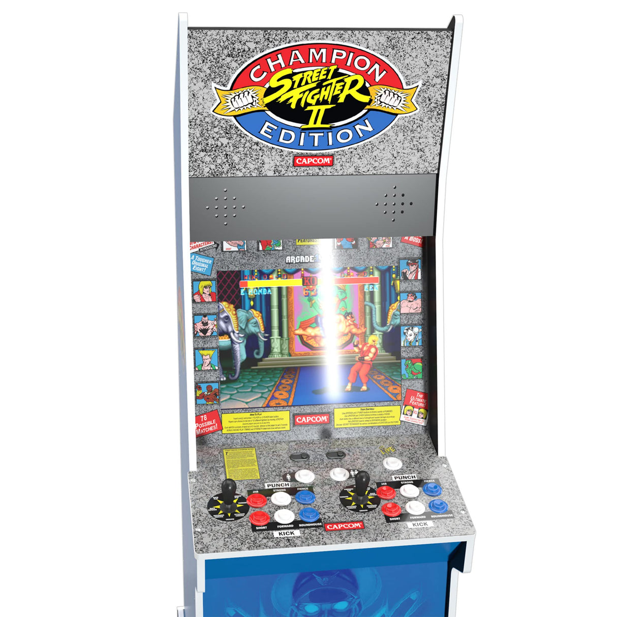 Arcade1Up Street Fighter II Champion Edition Big Blue Cabinet Style Arcade Machine w/ 12 Games, Coinless Operation, Light-Up Marquee, WiFi, and Stool ARCADE1UP