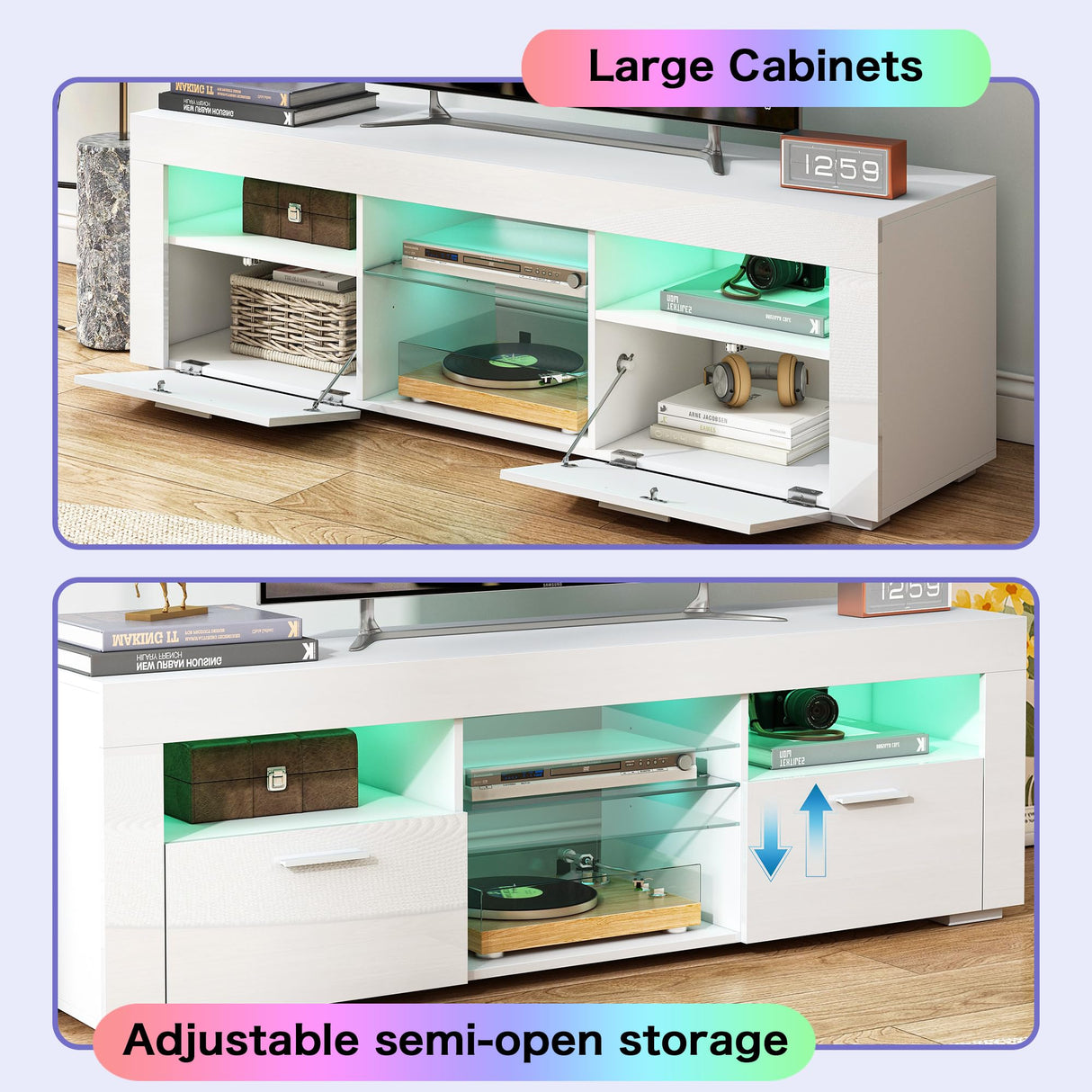 SANYOAC White TV Stand for 50/55/65 Inch TV, Entertainment Center with Led Lights, Modern TV Stands for Bedroom, TV Console with Storage and Shelves for Living Room Bedroom SANYOAC