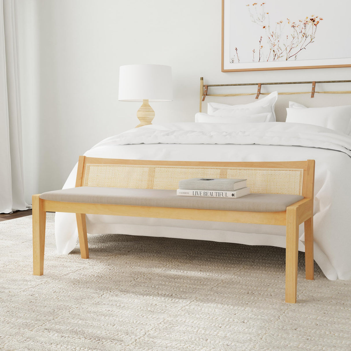 Powell Kasi Natural Low Back Cane Bench with Beige Upholstered Seat Powell