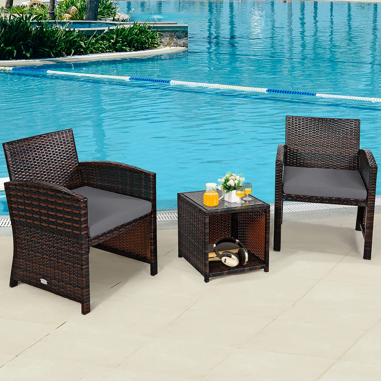 Tangkula 3-Piece Outdoor PE Rattan Furniture Set, Patio Conversation Set w/Chair & Storage Coffee Table, Detachable Cushion, Stable X-Shaped Frame, Perfect for Garden, Backyard, Poolside (Grey) Tangkula