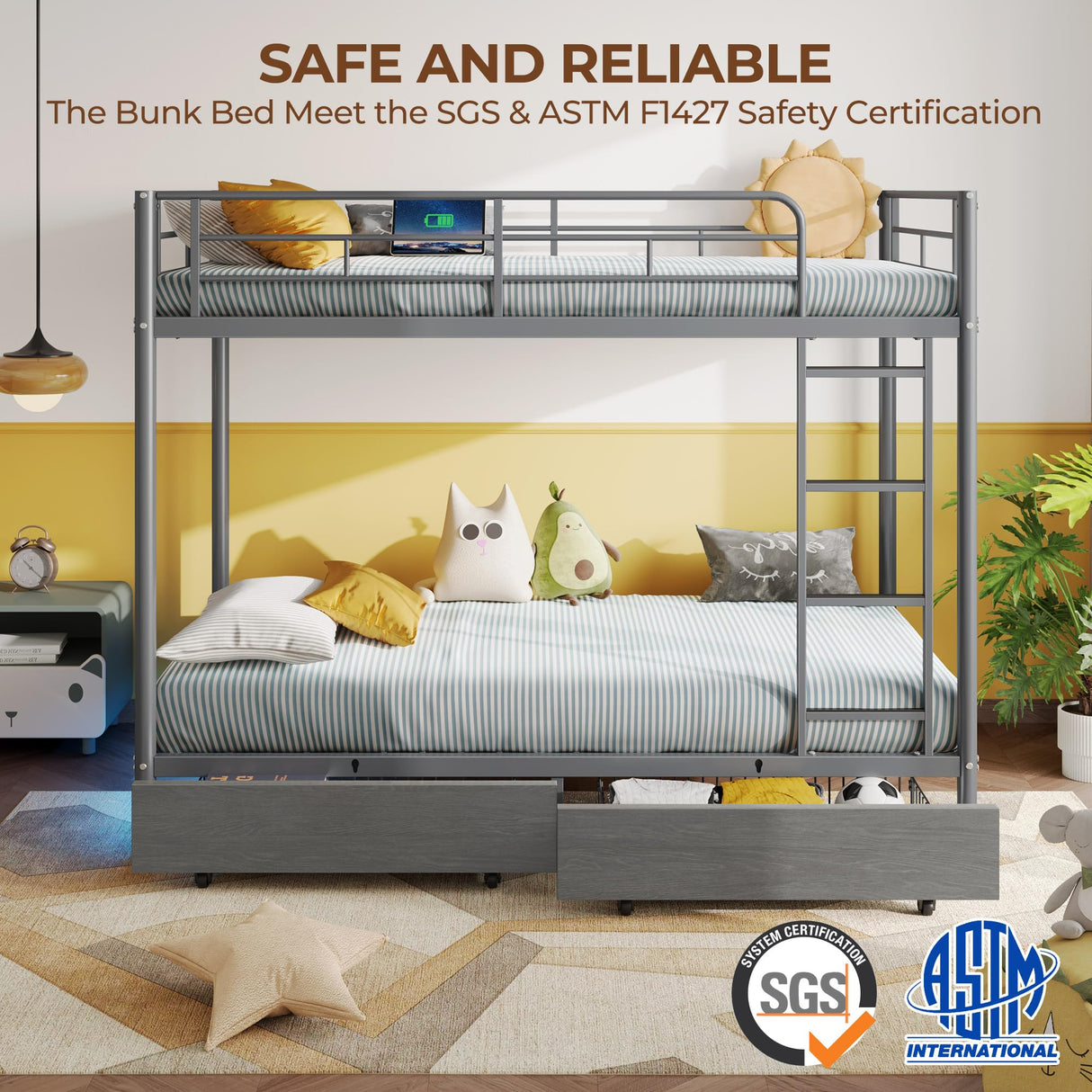 Rolanstar Metal Bunk Bed Twin Over Twin with USB Charging Station, LED Bunk Bed with 2 Storage Drawers, Bed with Safety Guardrail & Ladders, No Box Spring Needed, Easy Assembly, Grey Rolanstar