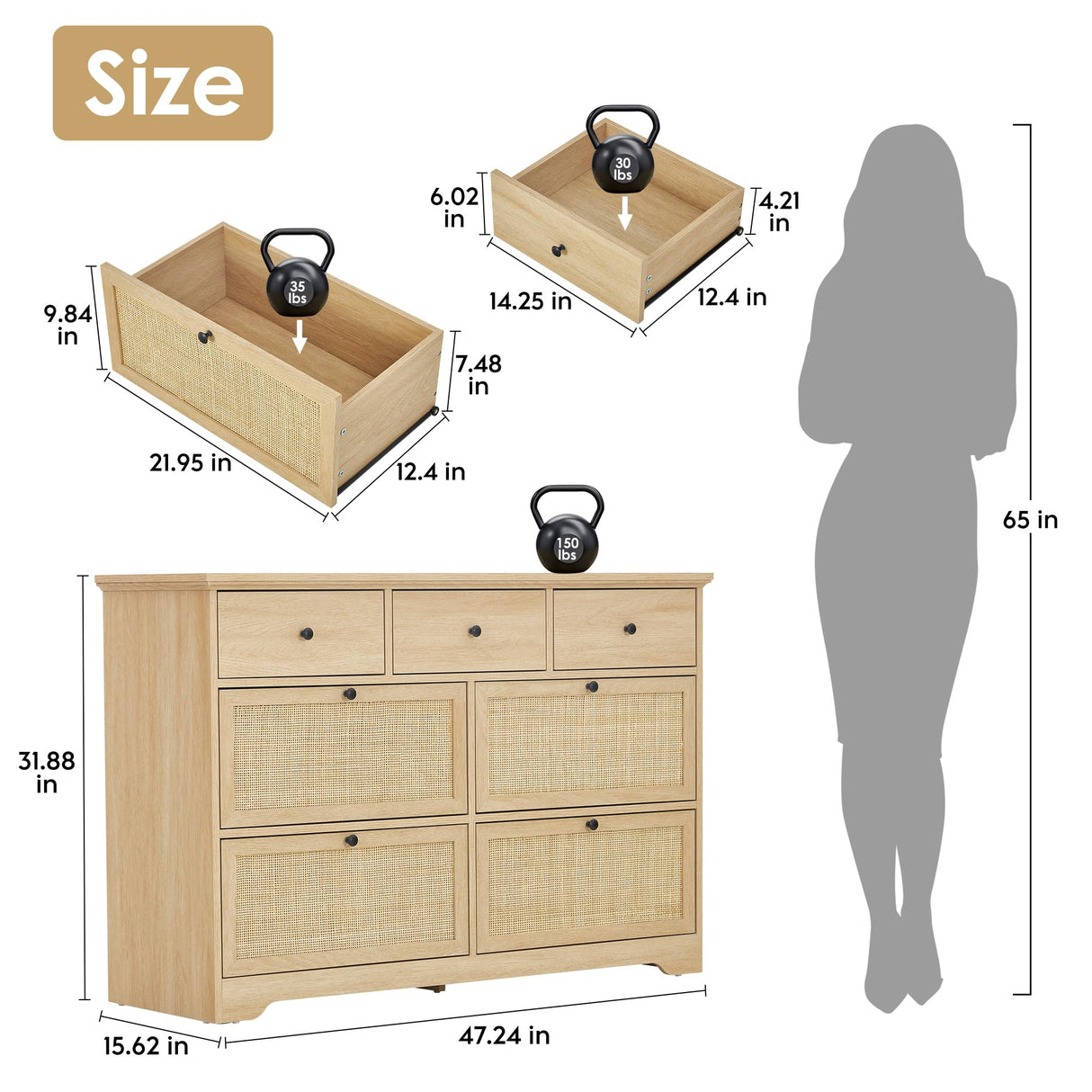 Brafab Mid-Century Natural Rattan Dresser with 7 Drawers, Elegant Cane Dresser for Bedroom Wooden, Modern Boho Long Dressers Drawer Dresser TV Stand with Sturdy Stand for Living Room, Nursery Brafab