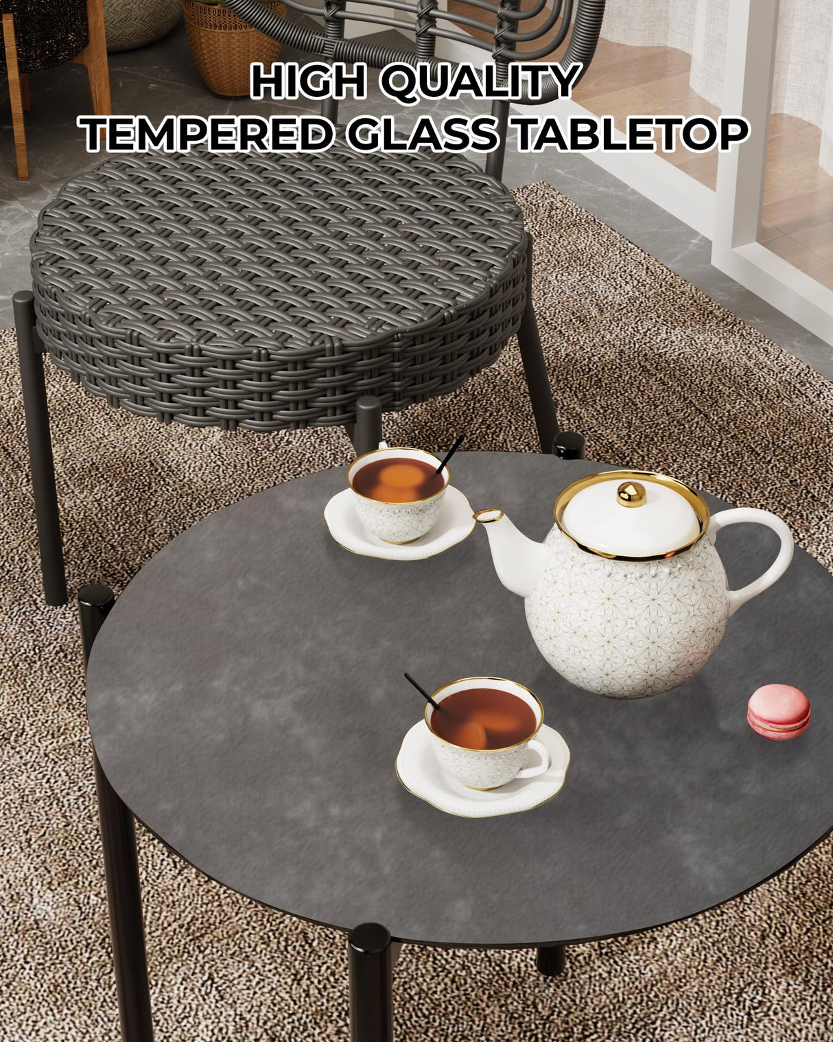 GarveeLife 3 Piece Wicker Patio Bistro Furniture Set, Outdoor Dining Chairs, Includes 2 Rattan Chairs and Tempered Glass Table, for Garden, Backyard, Balcony, Apartment, Black & Grey GarveeLife