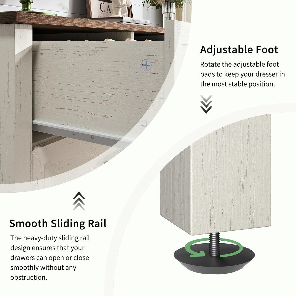 BAZELOR Farmhouse Dresser for Bedroom, 6 Drawers Dresser with Natural Texture, Wood Rustic Wide Chest for Bedroom, Hallway, Entryway, Antique White BAZELOR