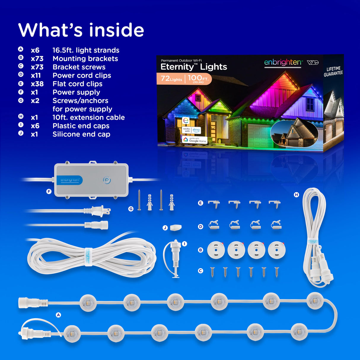 Enbrighten Vibe Eternity Permanent Outdoor Lights for House, 100ft, 72 RGBWIC LEDs, Close Spacing, 33lm, Color Changing, Christmas, Eave Lighting, Smart App, Works with Alexa, Google Home, 81103 Enbrighten