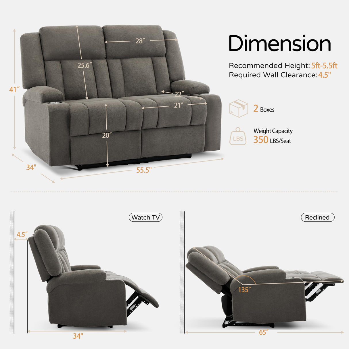 AIWOEN Recliner Loveseat Sofa with Cup Holders, 2-Seater Fabric Reclining Couch, Manual Recliner Wall Hugger for Living Room, Small Spaces, Home Theater (Light Brown) AIWOEN