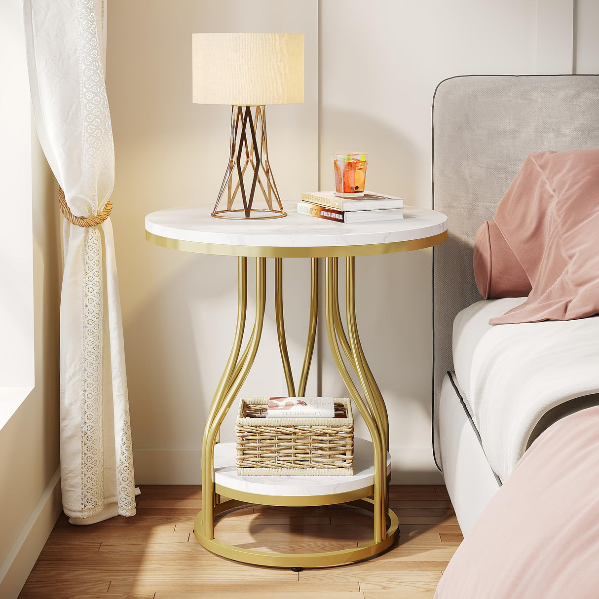 Tribesigns Round Side Table White Gold End Table 2-Tier End Table Modern Bedside Table Small Side Table with Storage for Couch Side, Sofa Side Table with Metal Frame for Living Room (1) Tribesigns