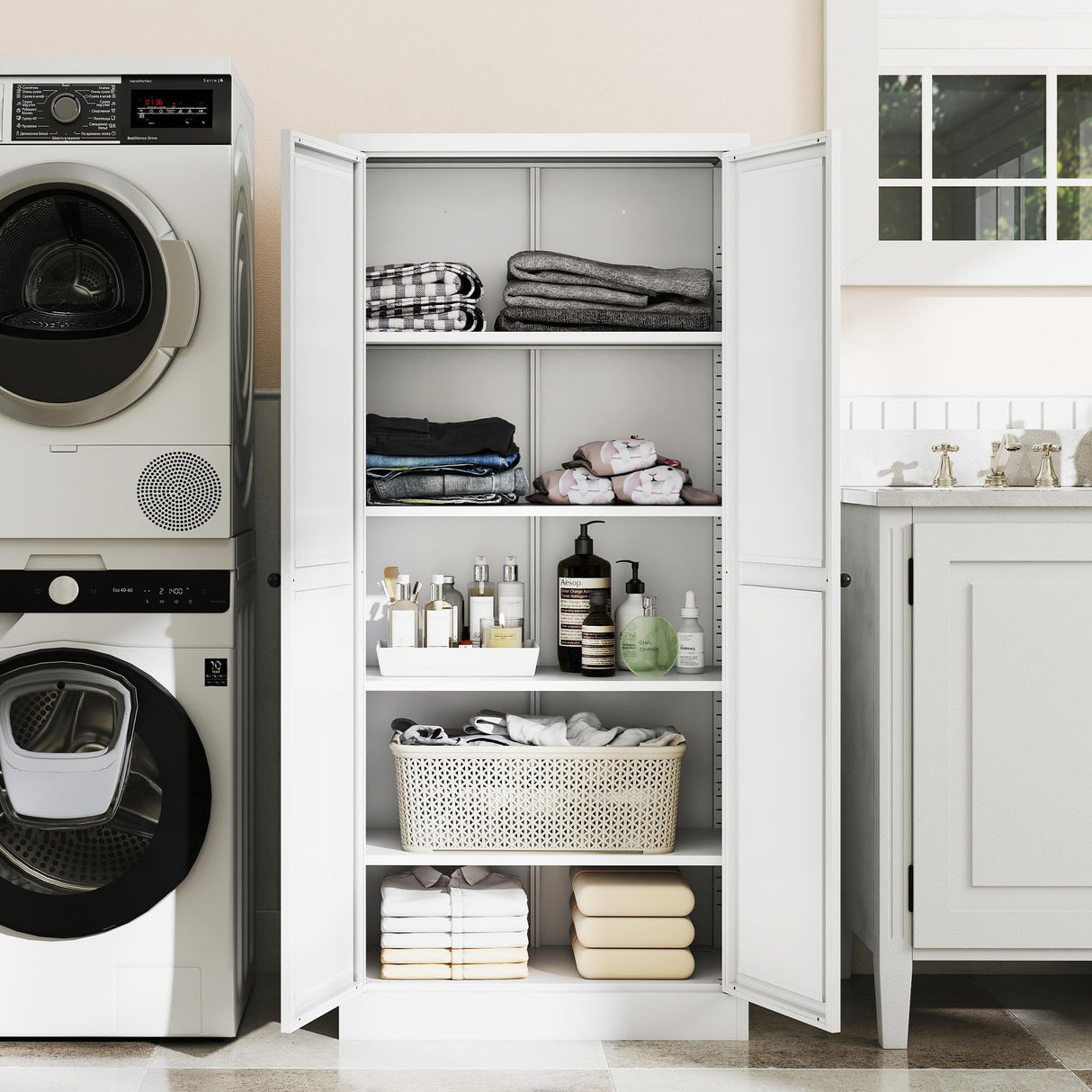 AQY Kitchen Pantry Cabinet,61" White Pantry Storage Cabinet with 4 Tier Adjustable Shelves and 2 Doors,Freestanding Cupboard,Metal Pantry Cabinets with Handle for Living Room Kitchen Assembly Required AQY