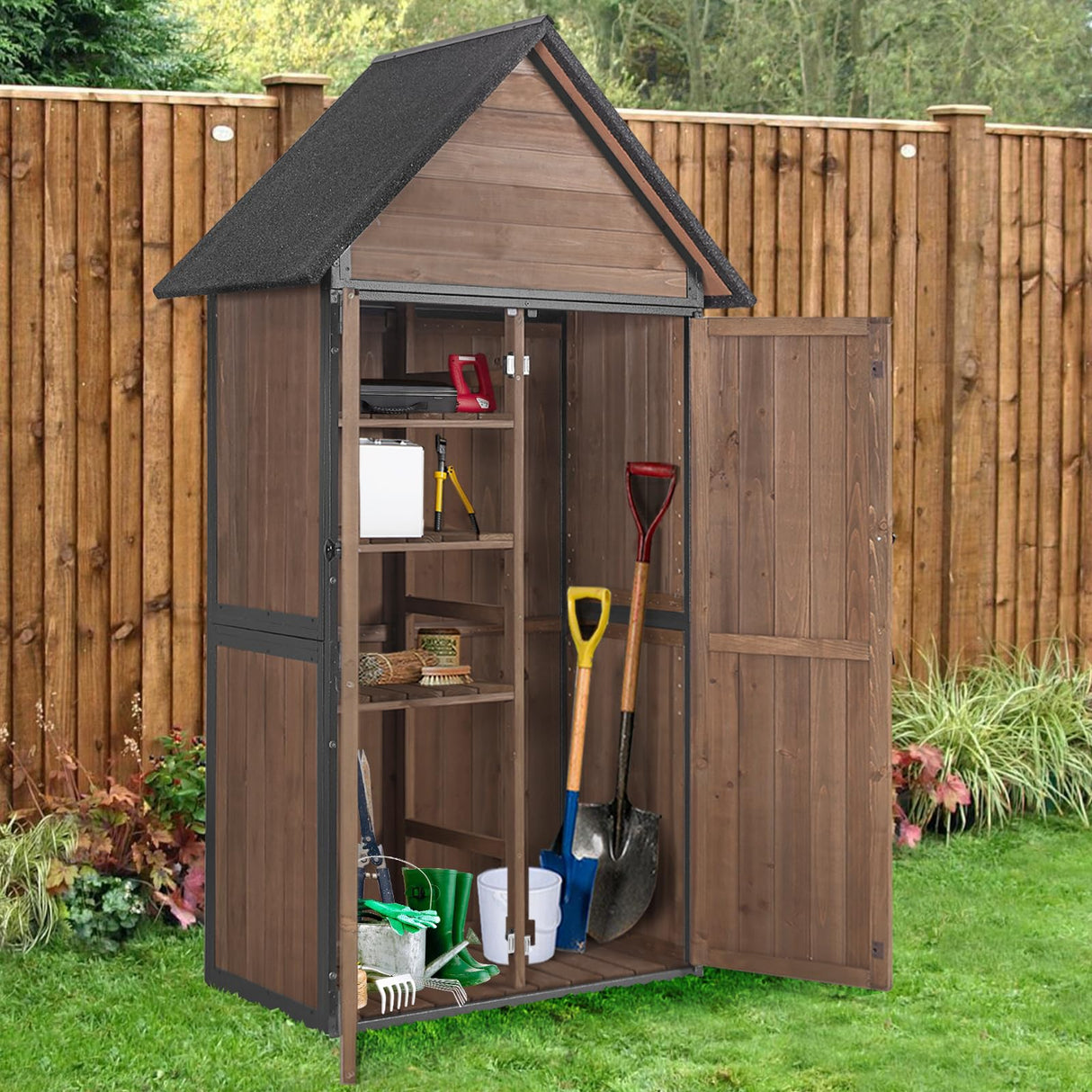 Outdoor Storage Shed,Vertical Wooden Tool Shed with Waterproof Roof,Adjustable 3 Tiers Shelves,Storage Tool Cabinet Box with Metal Frame Sloped Roof for Backyard Garden Patio Lawn (Dark Brown) Aivituvin