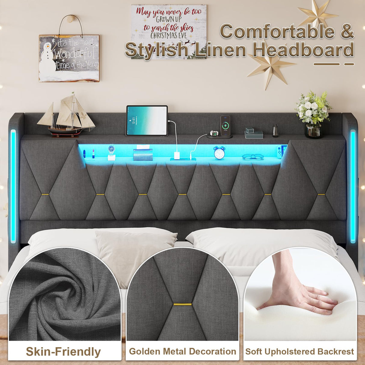 Floating Bed Frame King Size with Hidden Storage Space and Charging Station,Floating King Bed Frame with LED Light, RGB Light Fabric Platform Bed Floating,No Box Spring Needed,Easy Assembly,Dark Gray busyaeh