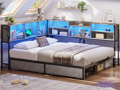 Hasuit Full Corner Bed Frame with Storage Bookcase, Full Size Daybed with 2 Underneath Storage Drawers, Kids Bed Unit with Charging Station and LED Light, Modern Teenagers Bedframe, Oak Gray