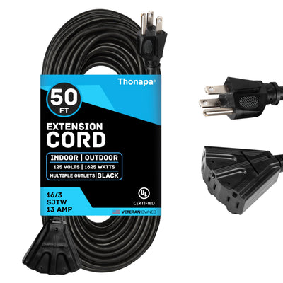 Thonapa 3 Outlet Extension Cord 50 ft, 16/3 SJTW Black Outdoor Extension Cord with Multiple Outlets 3 Prong, Weatherproof Exterior Electric Cable for Outdoor Lights, Landscaping & Lawn, UL Certified