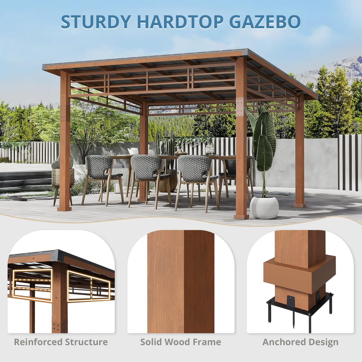 LUE BONA 10x12 Hardtop Lean to Gazebo, Outdoor Pergola Metal Roof Gazebo with Wooden Frame, Permanent Patio Gazebo Canopy with Curtains, Pavilion Grill Gazebo for Backyard, Garden, Deck, Patio LUE BONA