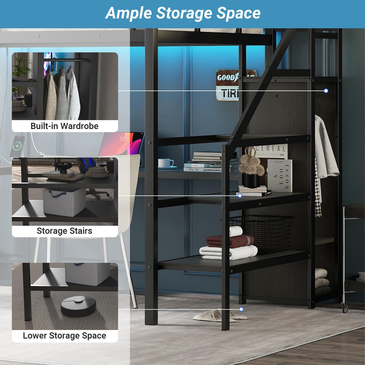 MAKIAAP Full Metal Loft Bed with Desk, Wardrobe & Storage Stairs – Heavy Duty Frame with LED Lights & Charging Station, Space-Saving Design for Adults & Teens (Black, Full) MAKIAAP