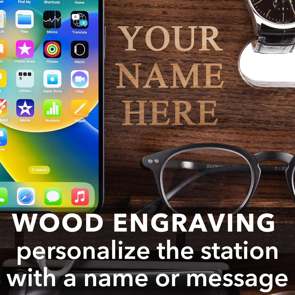 GRETAOTO Personalized Wood Docking Station for Cell Phone, Tablet, Wallet, Watch, Keys, Desk Nightstand Organizer, Valentines Day, Gifts for Men (Deep Brown) Greta Oto