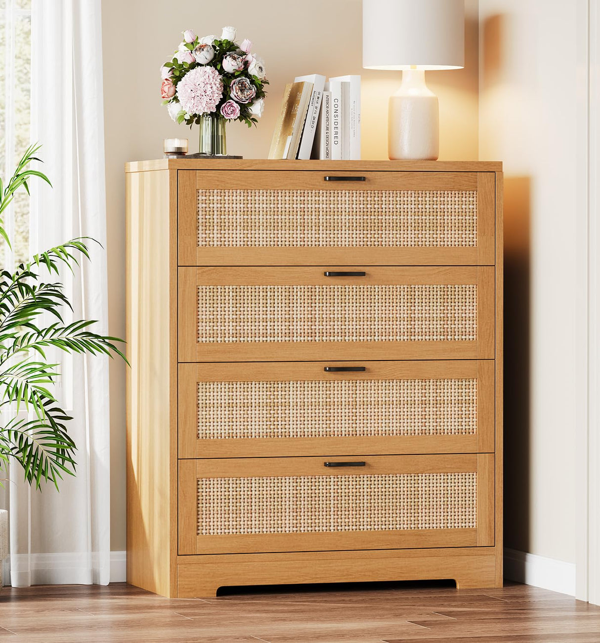 GarveeHome 4 Drawer Dresser Rattan Dresser, Tall Chest of Drawers, Wood Dresser for Bedroom, Closet, Living Room, Hallway GarveeHome