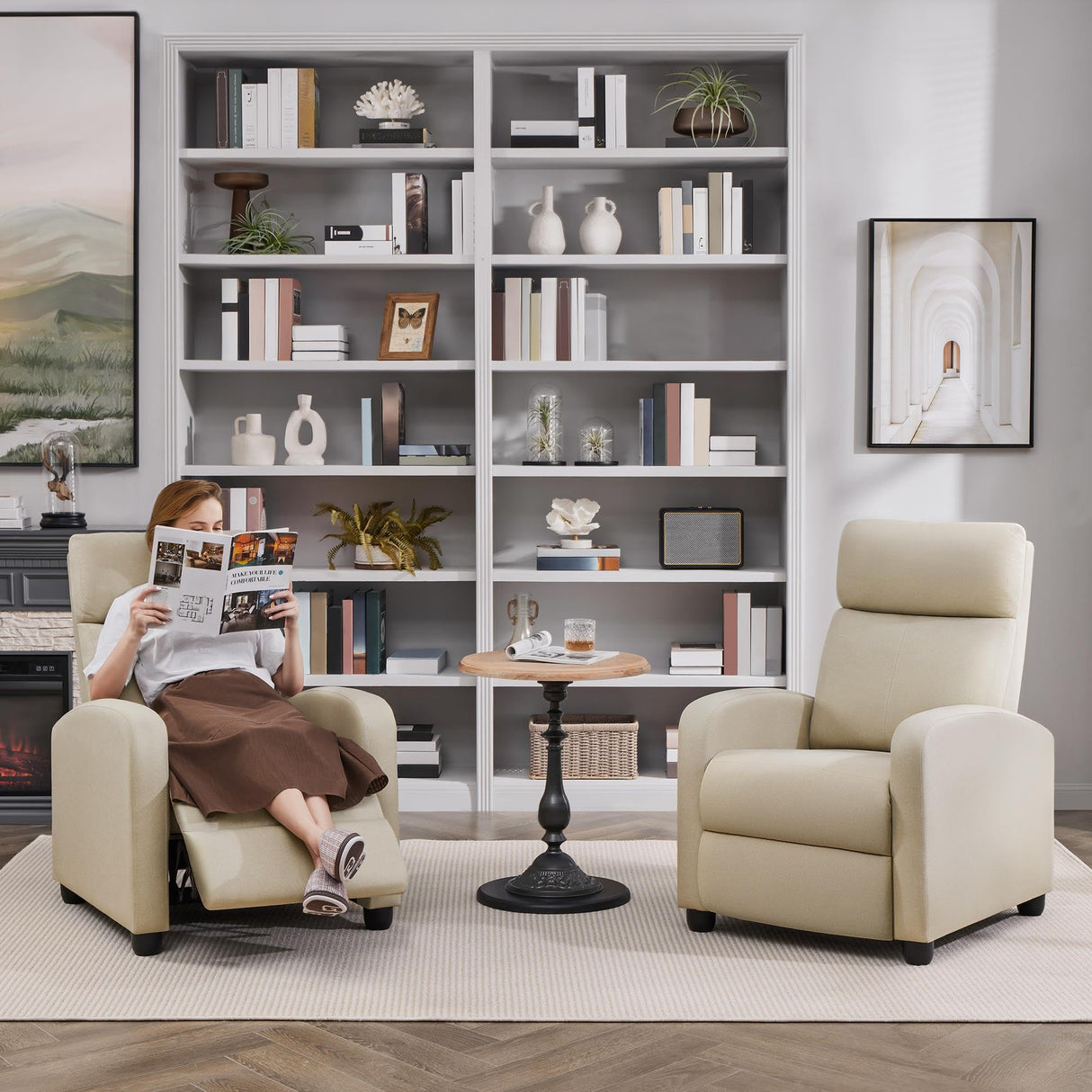 Topeakmart Fabric Recliner Sofa Push Back Recliner Chair Adjustable Modern Single Reclining Chair Upholstered Sofa with Pocket Spring Living Room Bedroom Home Theater Beige Topeakmart