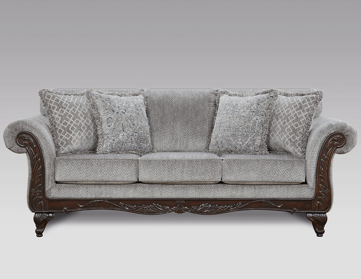 Roundhill Furniture Hernen Carved Wood Frame Sofa and Loveseat Set, Gray Roundhill Furniture