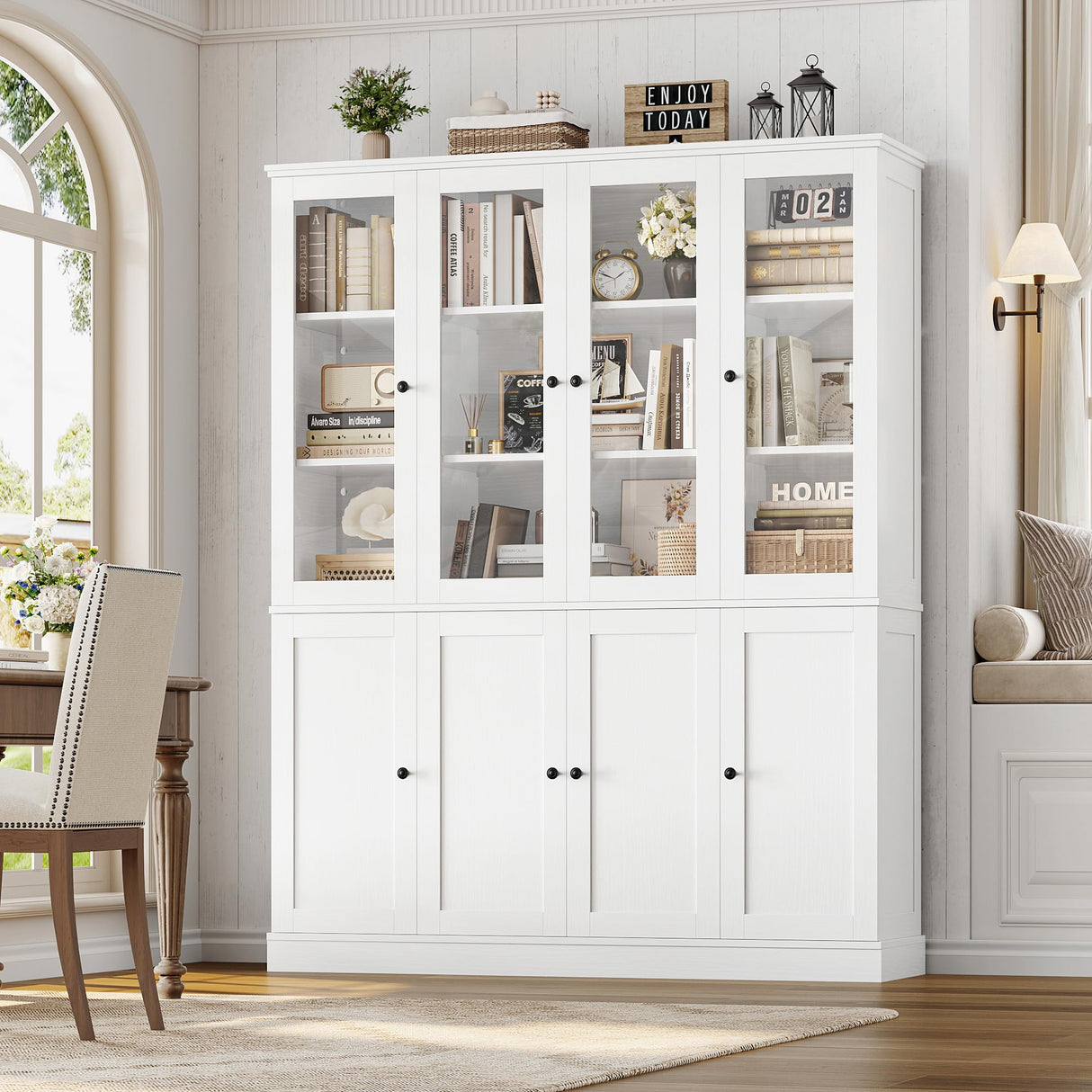 FACBOTALL 74'' Kitchen Pantry Cabinet, 63'' Wide Large Kitchen Hutch Storage Cabinet with LED, Tall Pantry with Adjustable Shelves, Display Cabinets with Glass Door for Living Room, Home Office, White FACBOTALL