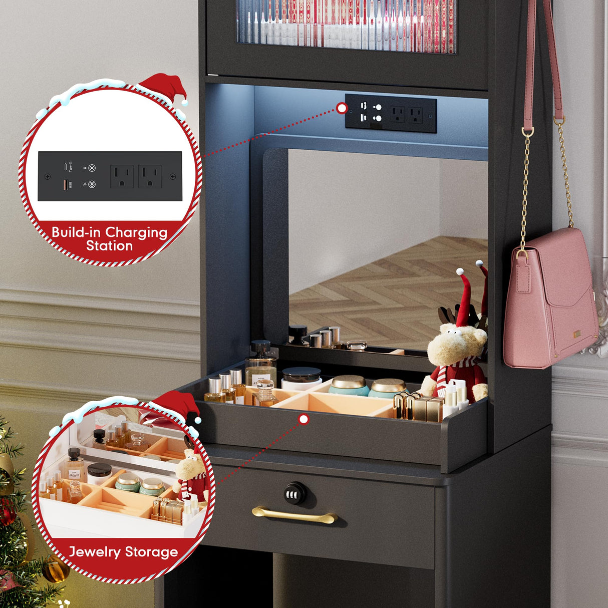 NUNU LAB 3 in 1 Vanity Desk with Mirror and Lights, Tall Makeup Vanity Set with Flip-up Mirror, Jewelry Box, Charging Station, LED Vanities Dressing Table for Small Spaces Bedroom Checkroom NUNU LAB