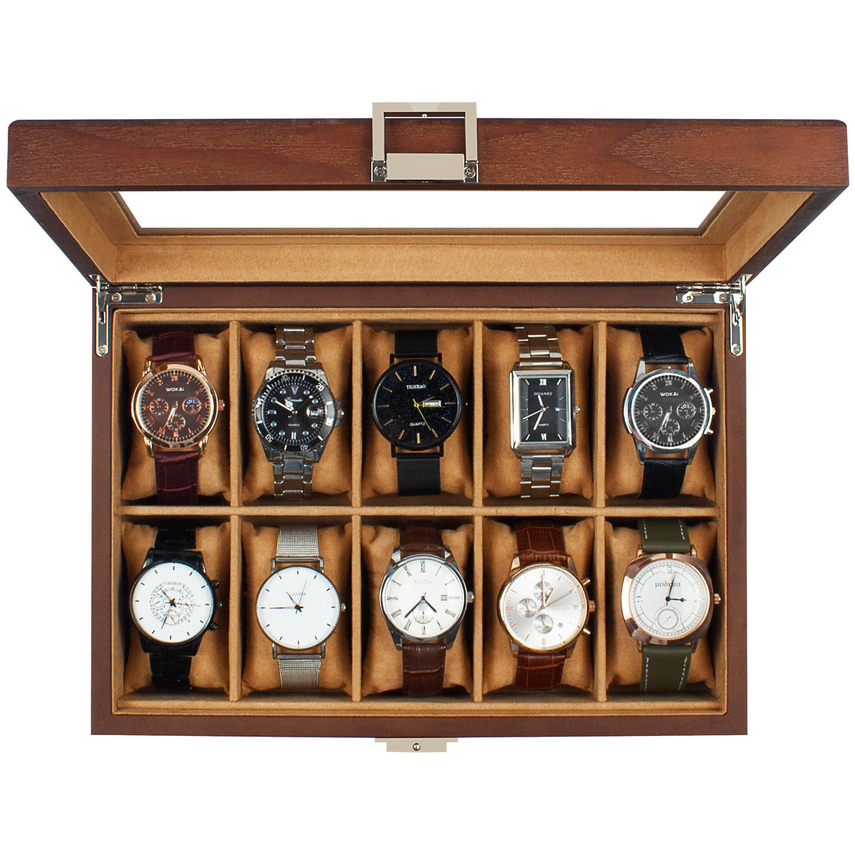 GUKA Watch Box, 10 Slot Watch Case with Real Glass Lid, Wood Watch Display Case with Cloth Watch Pillow, Watch Storage Box for Men and Women, Brown GUKA