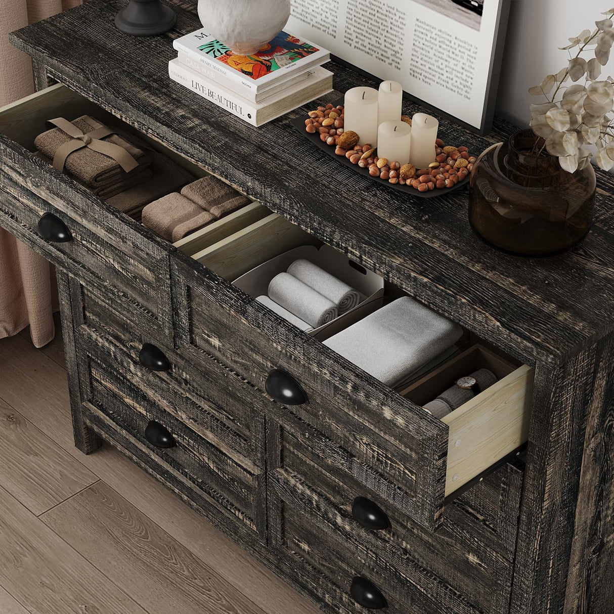 Rustic 8 Drawer Dresser for Bedroom, Modern Farmhouse Wood Dresser with Vintage Black Antique Handle, Double Dresser and Chest of Drawers for Hallway 8 Drawer Dresser, Rustic Brown Oak HOUROM