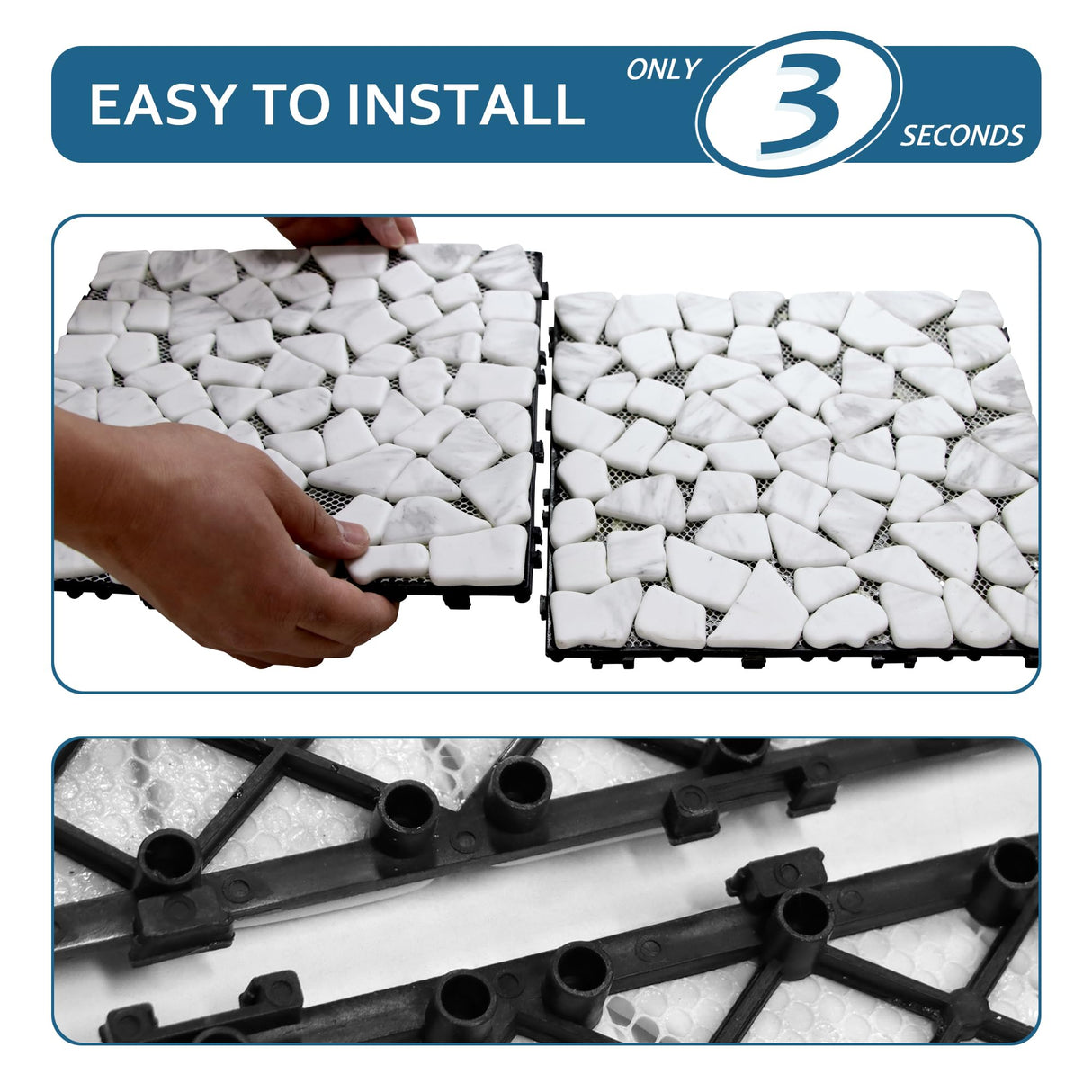 SUNWINGS 4PCS Natural Stone Interlocking Deck Tiles 12"x12" Pebble Waterproof Patio Deck, Outdoor Indoor Floor Decking Tiles for Porch Poolside Balcony Backyard, Carrara White sunwings