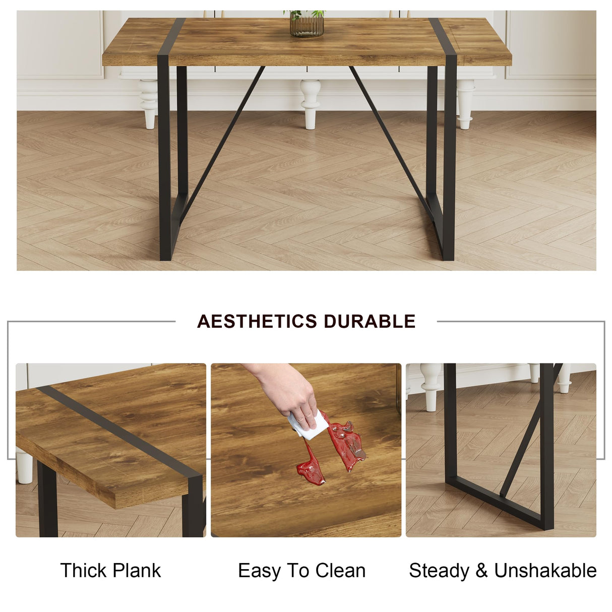 Ganooly Rustic 5 Piece Dining Room Table Set for 4 People, Mid Century Modern 55 Inch Rectangle Wood Kitchen Dining Table with 4 Fabric Chairs Set, Suitable for Kitchen Dining Room Ganooly