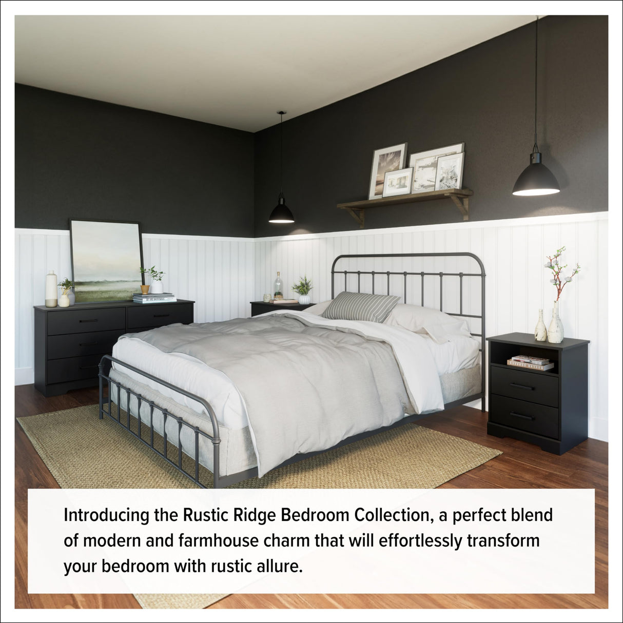 Prepac Rustic Ridge Farmhouse 6-Drawer Double Dresser, Black Dresser for Bedroom, Chest of Drawers with 6 Storage Drawers, 53.25” wide x 18.25” deep x 28.5” tall, Black Prepac