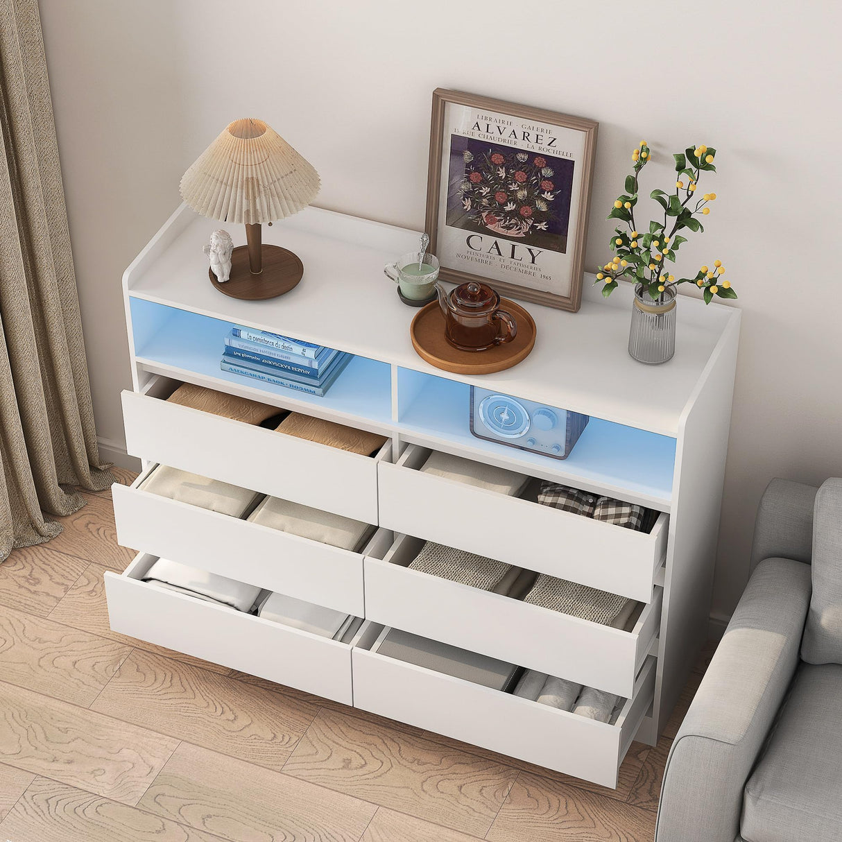 GOSROMS Dresser for Bedroom, White Bedroom Dresser with LED Lights, 6 Long Drawers Dresser, Tall Wide Chest of Drawers Storage Organizer for Bedroom, Living Room, Entryway GOSROMS
