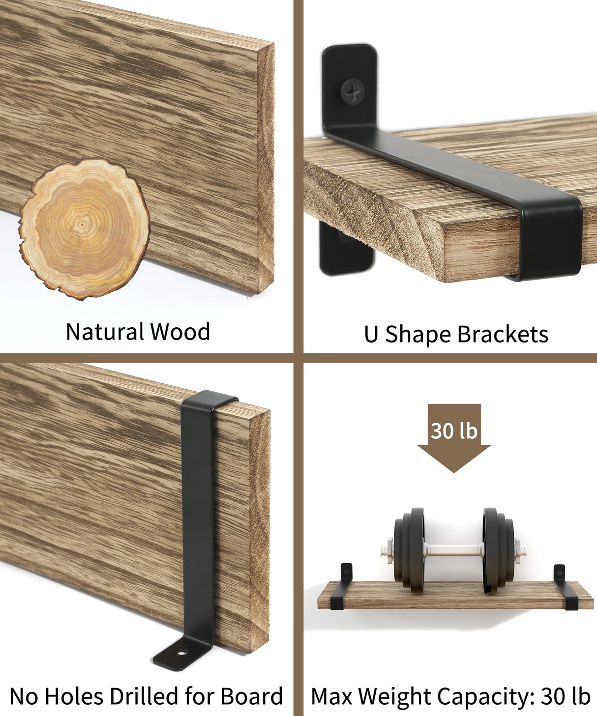 Sapowerntus Wood Floating Shelves Bathroom Wall Mounted, Small Light Rustic Farmhouse Narrow Shelf Storage, Bedroom Living Room Kitchen Office Display Decor with U Metal Brackets Set of 3 Sapowerntus